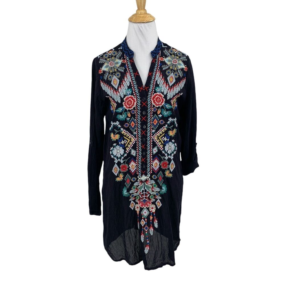 Johnny Was Tunic Womens S Small Multi Elsarose Embroidered Floral Tab Sleeves